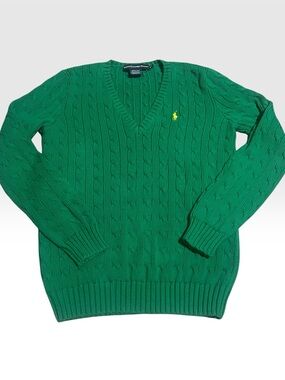 Ralph Lauren Sport Cable Knit Sweater Womens Medium Kelly Green Preppy Old Money